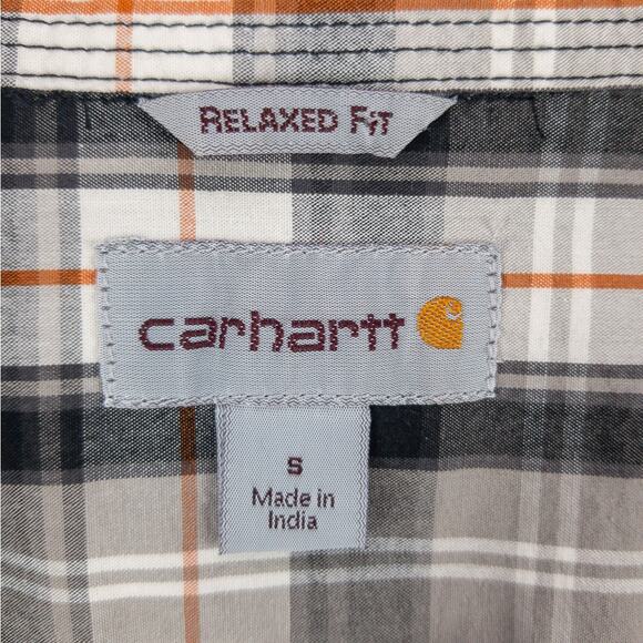 Carhartt Work Shirt Men's Small Relaxed Fit Plaid White Gray Logo 100% Cotton - Picture 3 of 10